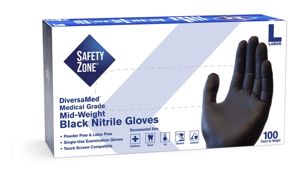 #GNEP-(SIZE)-K Supply Source Safety Zone® DiversaMed 4.3 mil Black Powder-free Nitrile Gloves